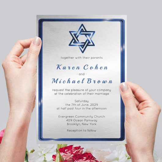 Metallic Blue Star van David Jewish Wedding Kaart