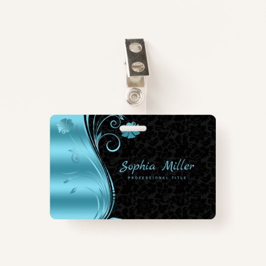 Metallic Blue Swirl Black Damask Badge (Voorkant met clip)