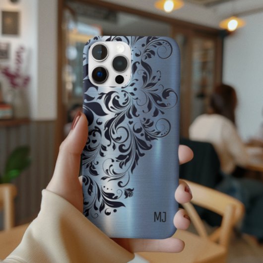 Metallic Blue Texture Blue Swirl Accent Monogram Case-Mate iPhone Case