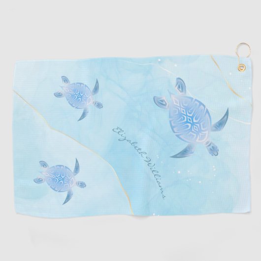 Metallic Blue Turtle Sky Blue Ink Monogram Golf to Golfhanddoek (Horizontaal)