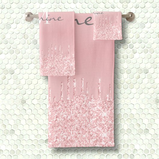 Metallic Blush Roze Dripping Glitter Monogrammed Bad Handdoek