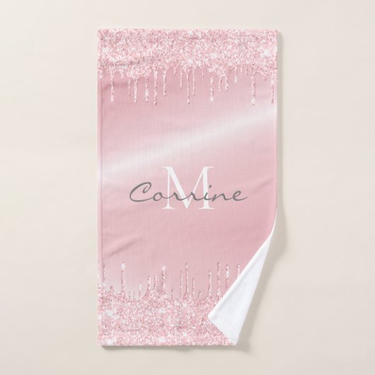 Metallic Blush Roze Dripping Glitter Monogrammed Bad Handdoek (Handdoek)