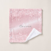 Metallic Blush Roze Dripping Glitter Monogrammed Bad Handdoek (Wasdoekje)