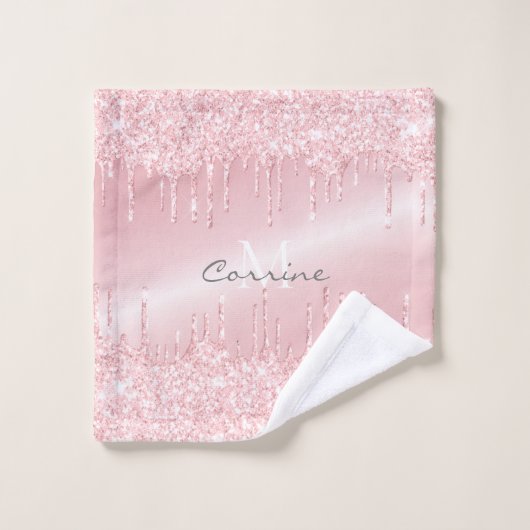 Metallic Blush Roze Dripping Glitter Monogrammed Bad Handdoek (Wasdoekje)