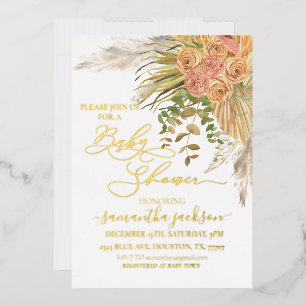 Metallic Boho Pampas Grass Floral Baby shower Folie Uitnodiging