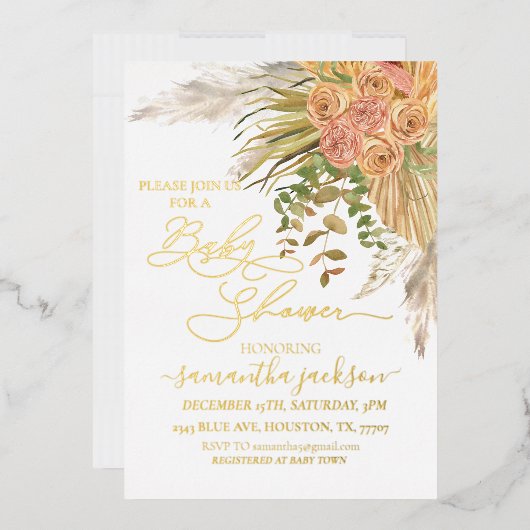 Metallic Boho Pampas Grass Floral Baby shower Folie Uitnodiging (Envelop)