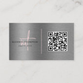 Metallic borstel staal zilveren script roze QR-cod Visitekaartje (Voorkant)