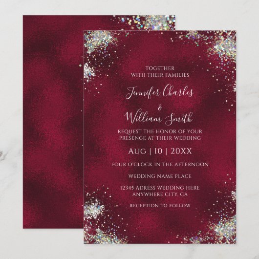 Metallic Bourgundy Holographic Glitter Modern Kaart (Voorkant / Achterkant)