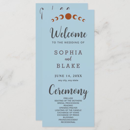 Metallic brons maan fasen blauw bruiloft programma (Voorkant / Achterkant)