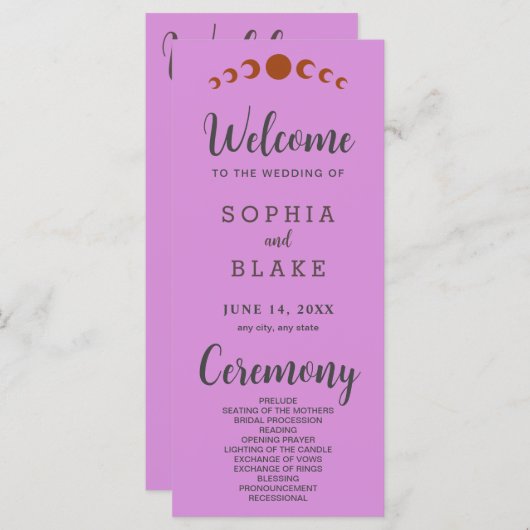 Metallic brons maanfasen Paarse bruiloft programma (Voorkant / Achterkant)