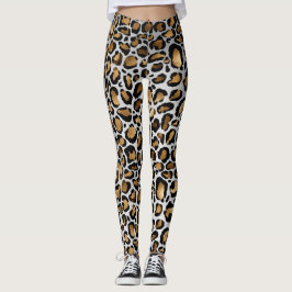 Metallic Bronze & Black Leopard Spots op White Leggings