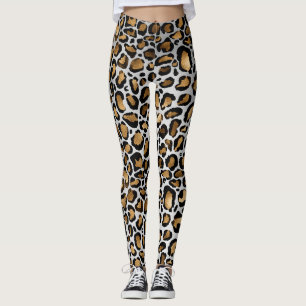 Metallic Bronze & Black Leopard Spots op White Leggings