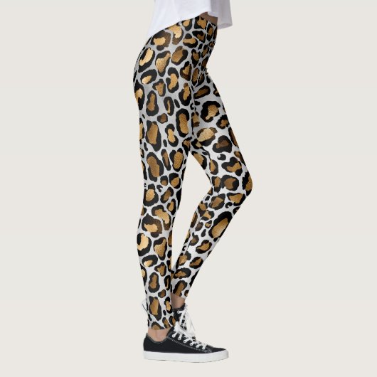 Metallic Bronze & Black Leopard Spots op White Leggings (Rechts)