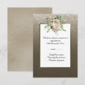 METALLIC BRONZEN GLITTER WITTE BLOEMEN CUSTOM RSVP KAARTJE (Voorkant / Achterkant)