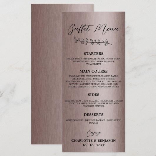 Metallic Bruin Bruiloftsbuffetmenu Menu (Voorkant / Achterkant)