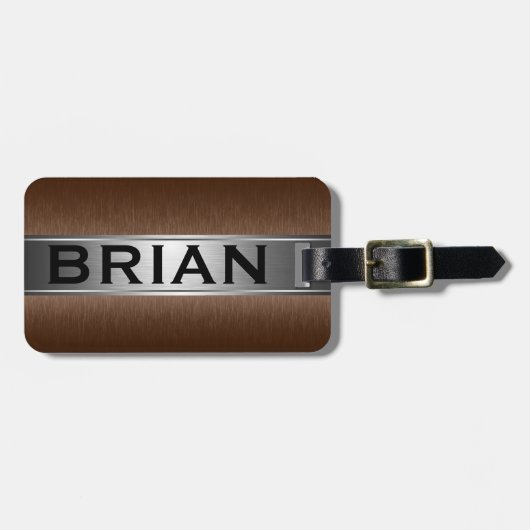 Metallic bruin & zilver geborsteld aluminium look bagagelabel (Voorkant horizontaal)