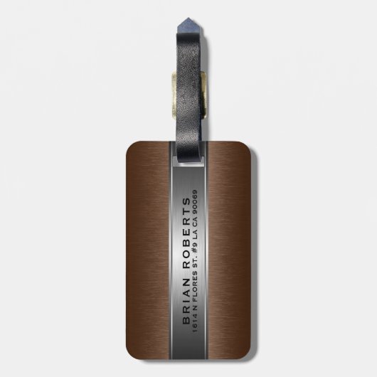 Metallic bruin & zilver geborsteld aluminium look bagagelabel (Achterkant verticaal)