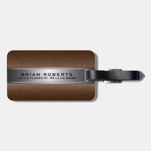 Metallic bruin & zilver geborsteld aluminium look bagagelabel (Achterkant horizontaal)
