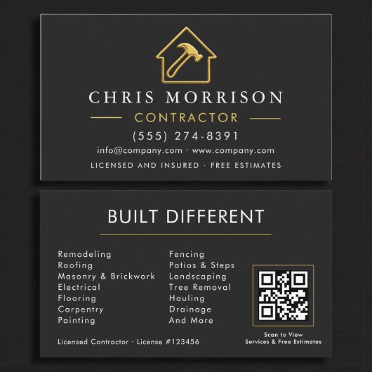 Metallic Construction Modern Black Gold QR Code Visitekaartje