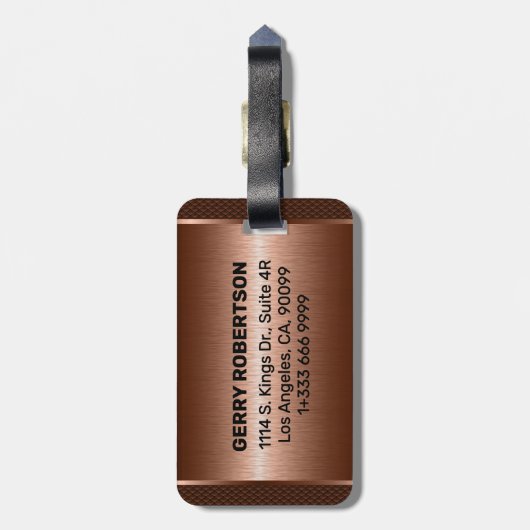 Metallic copper texture personalized black text bagagelabel (Achterkant verticaal)