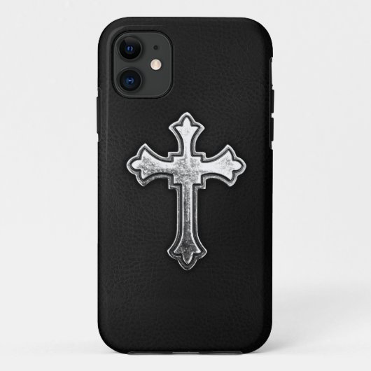 Metallic crucifix op zwart leder Case-Mate iPhone case (Achterkant)