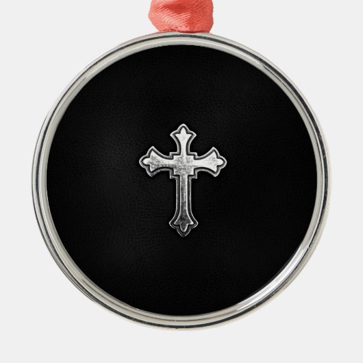 Metallic crucifix op zwart leder metalen ornament (Voorkant)