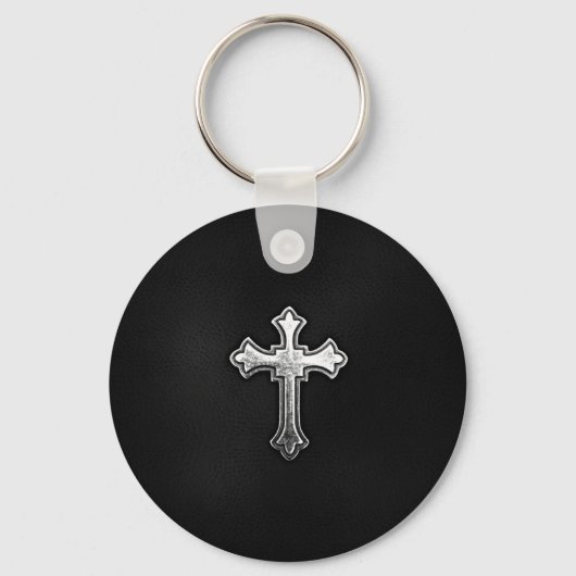 Metallic crucifix op zwart leder sleutelhanger (Voorkant)