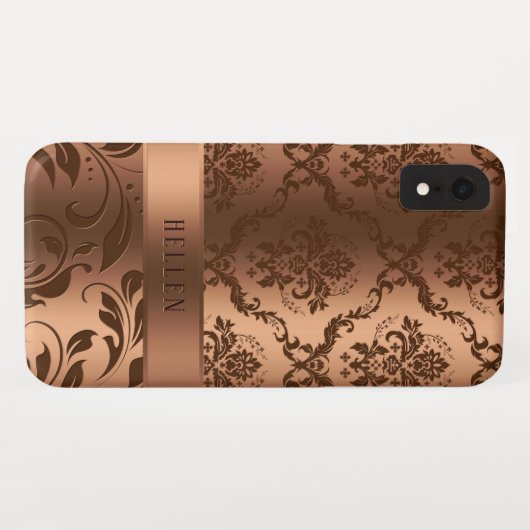 Metallic faux koper bruin damast meisjesontwerp Case-Mate iPhone case (Achterkant (horizontaal))