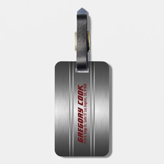 Metallic Faux Silver Stripes Pattern Red Accents Bagagelabel (Achterkant verticaal)