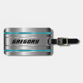 Metallic faux zilver & blauwe strepen bagagelabel (Voorkant horizontaal)