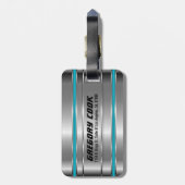 Metallic faux zilver & blauwe strepen bagagelabel (Achterkant verticaal)