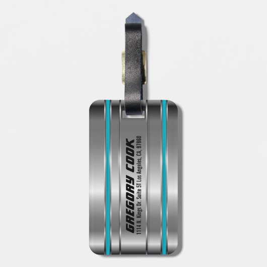 Metallic faux zilver & blauwe strepen bagagelabel (Achterkant verticaal)