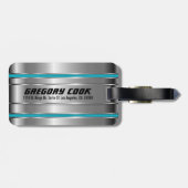 Metallic faux zilver & blauwe strepen bagagelabel (Achterkant horizontaal)