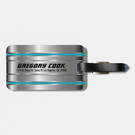 Metallic faux zilver & blauwe strepen bagagelabel (Achterkant horizontaal)