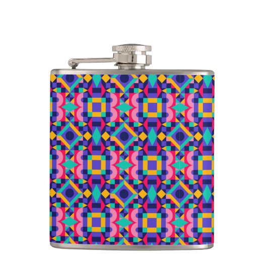 Metallic flask with vibrant geometric pattern  heupfles (Voorkant)