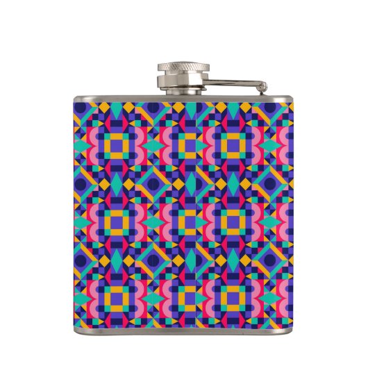 Metallic flask with vibrant geometric pattern heupfles (Achterkant)