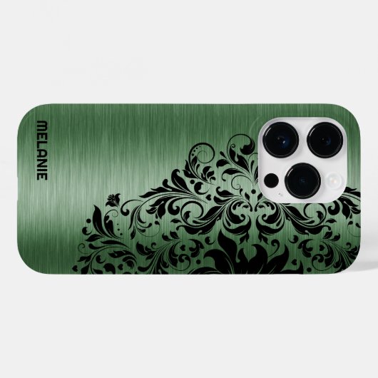 Metallic Forest Green Texture Black Lace & Text Case-Mate iPhone Case (Achterkant (horizontaal))