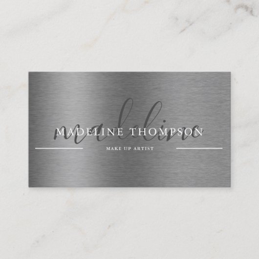 Metallic geborsteld staal zilveren script QR-code Visitekaartje (Voorkant)