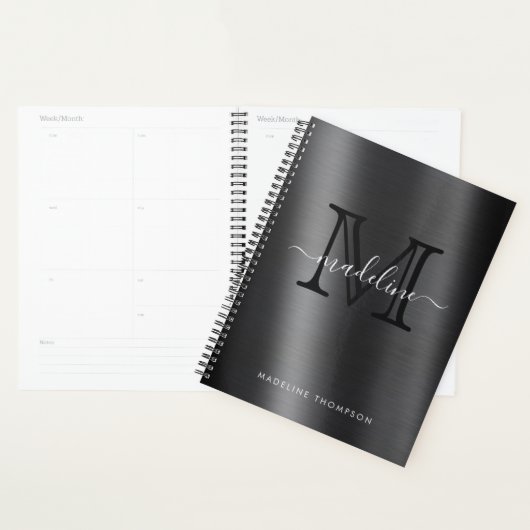 Metallic geborsteld zwart monogram elegant script planner (Display)
