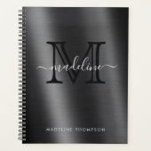 Metallic geborsteld zwart monogram elegant script planner (Voorkant)