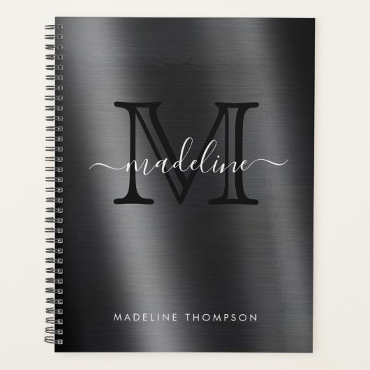 Metallic geborsteld zwart monogram elegant script planner (Voorkant)
