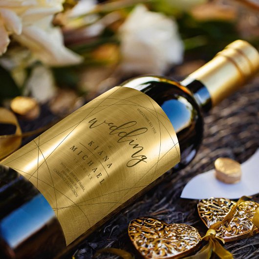Metallic Geometric Wedding Gold ID648 Wijn Etiket