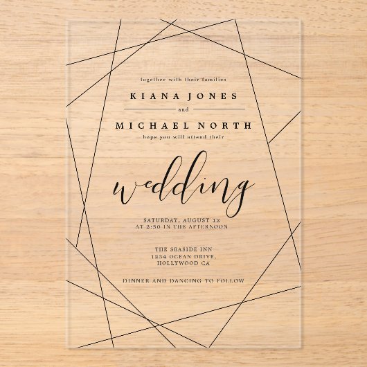 Metallic Geometric Wedding Silver/Black ID648 Acryl Uitnodigingen (Voorkant)