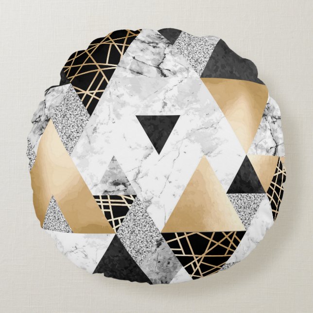 Metallic geometrisch: goud zilver marmer rond kussen (Voorkant)