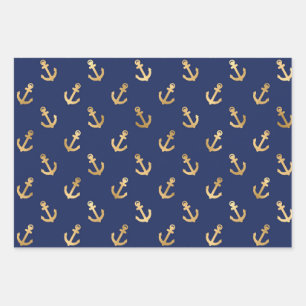 Metallic Gold Anchors op Navy Blue Inpakpapier Vel