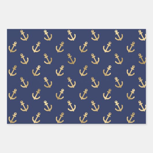 Metallic Gold Anchors op Navy Blue Inpakpapier Vel (Voorkant)