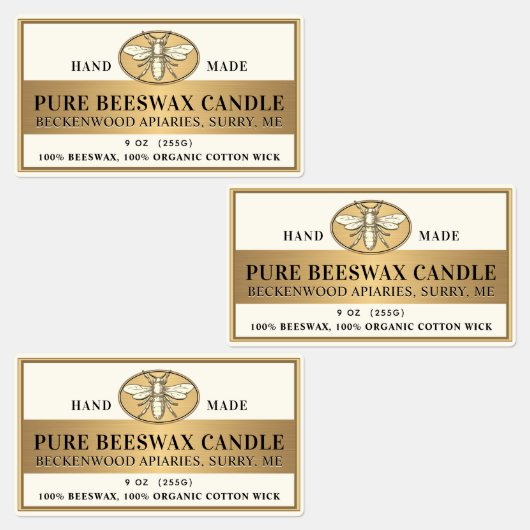 Metallic Gold Beeswax Ivory Candle Heraldic Bee Labels (Groep)