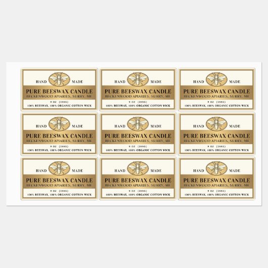Metallic Gold Beeswax Ivory Candle Heraldic Bee Labels (Vel)