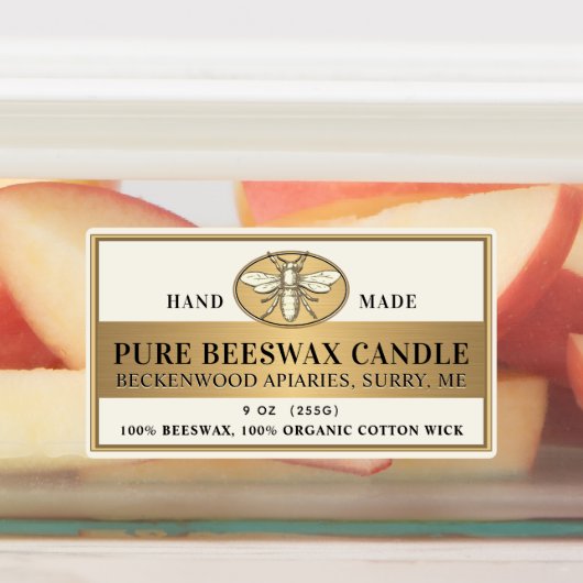 Metallic Gold Beeswax Ivory Candle Heraldic Bee Labels (Aangebracht)