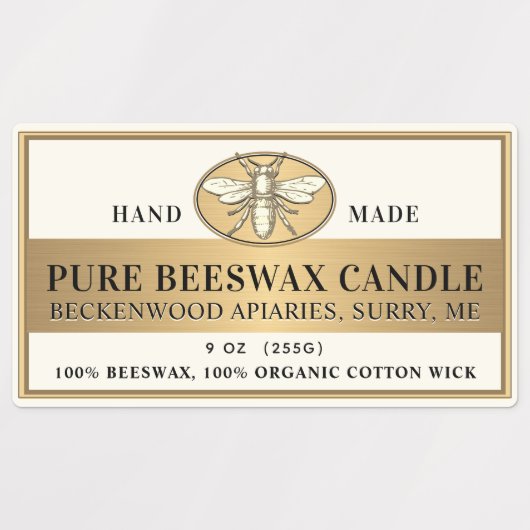 Metallic Gold Beeswax Ivory Candle Heraldic Bee Labels (Design 2)